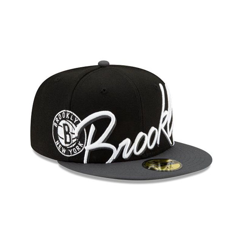 NBA Brooklyn Nets Cursive 59Fifty Fitted (GIY8624) - Black New Era Caps